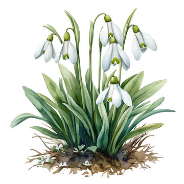 Snowdrops Blooming, cute watercolor illustration with intricate patterns and vibrant splashes, isolated on a white background.