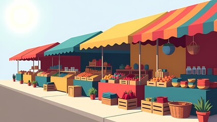 Colorful outdoor market stalls with fresh fruit and vegetables in a bright vector illustration scene