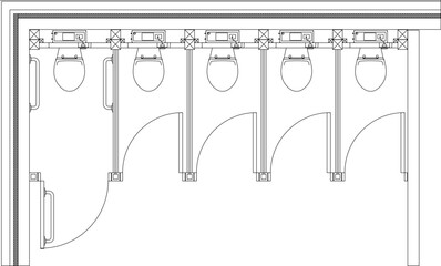 Technical vector illustration of a public restroom floor plan featuring a row of standard toilet stalls and a larger ADA accessible cubicle. © Riki