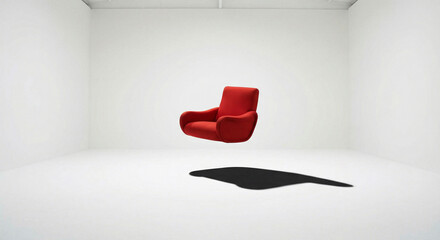 Red chair floating in empty white room minimalist surreal interior