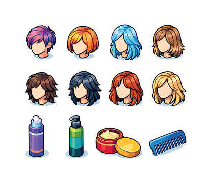 Layered Hairstyles Icons. Layered hairstyle types. Colorful isometric vector icons set of Layered hairstyle types: layered pixie cut, layered bob hairstyle,