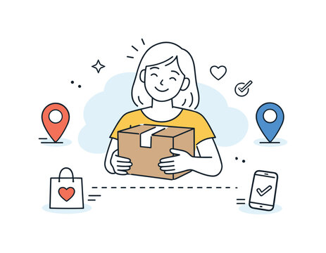 Package Delivery Delight. Online shopping delivery. Customer receiving a package with box and location icons nearby. Positive post-purchase mood and