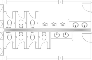 Technical vector illustration of a public restroom floor plan, featuring multiple toilet stalls, urinals, and shared washbasin vanity areas. © Riki