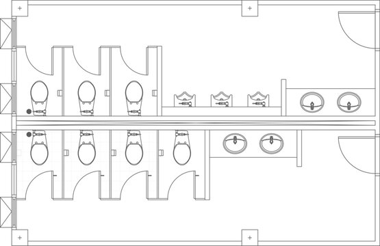 Technical vector illustration of a public restroom floor plan, featuring multiple toilet stalls, urinals, and shared washbasin vanity areas.