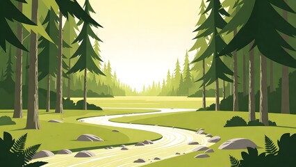 Fototapeta premium Serene forest river landscape in flat vector illustration with sunlit trees and winding creek