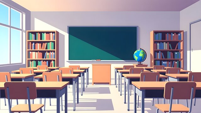Bright classroom interior with empty desks, chalkboard and bookshelves in daylight 3D render illustration