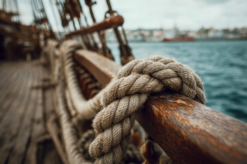 Thick rope coiled and secured around wooden railing on the deck of a vintage sailing ship with calm sea and distant shoreline in the background