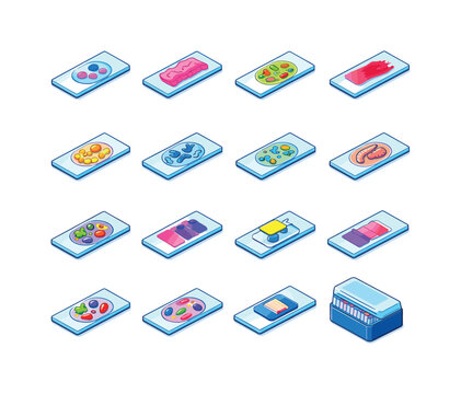Colorful Laboratory Slides. Laboratory Slides. Colorful isometric vector icons set of Laboratory Slides: cell sample slide, tissue section slide, bacteria