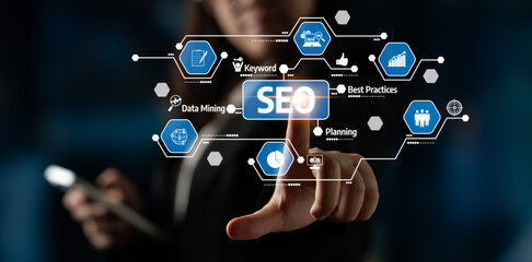 Obraz premium A business professional engages with a futuristic SEO interface, showcasing digital marketing strategies and data-driven management techniques in a modern setting. Tessel