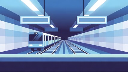Obraz premium Blue subway train in an underground tunnel rendered in a 3d vector style with cinematic lighting and futuristic mood
