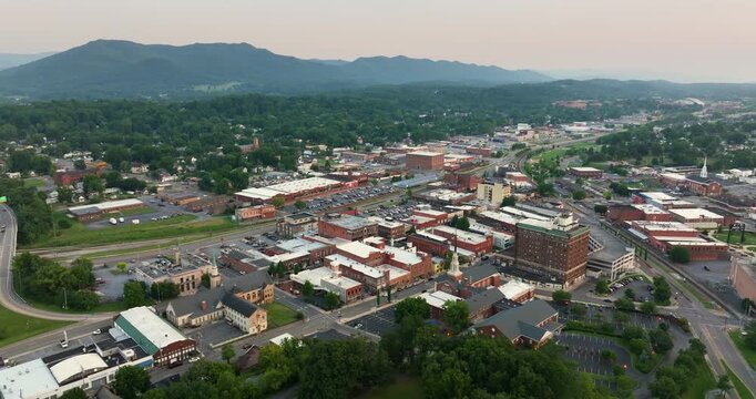 Small town America in Appalachian Mountains. Johnson City, Tennessee. Red brick architecture with historic streets. Popular destination in northeastern Tennessee.