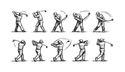 Obraz premium Hand-drawn vector illustration shows a golfer executing a swing sequence, detailed in black and white, perfect for sports or instructional use.