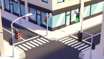 Fototapeta premium Isometric urban street intersection 3d render with crosswalk and traffic lights in modern cityscape