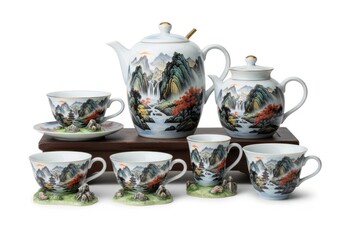 Fototapeta premium Antique porcelain tea set with detailed landscape scenes