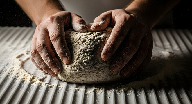 Hands kneading bread dough, dusted with flour on a ribbed surface, a close-up capturing the artisan baking process.