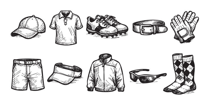 Black and white sketch-style illustration of various golf apparel and accessories, perfect for illustrating golfing, sport, or leisure activities.