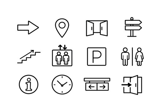Wayfinding Icon Set. Wayfinding signs. Line icon set of Wayfinding signs: directional arrow, map pin, building entrance, floor directory, stairs sign, elevator