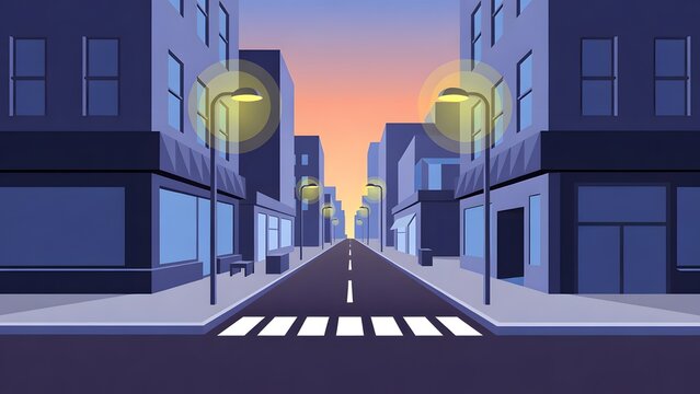 Urban street at dusk vector illustration with glowing streetlights and empty city blocks, cinematic minimalist scene