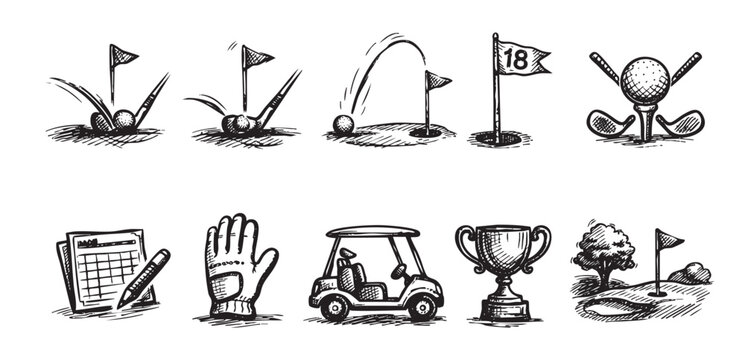 Black and white drawing showcasing various elements of golf, including a golf ball, golf club, golf cart, and trophy, perfect for use in golf-themed designs.