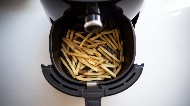 an air fryer basket with golden French fries centered on a clean modern countertop, large clean copy space above and to the right for text, natural kitchen light, tripod mounted ca