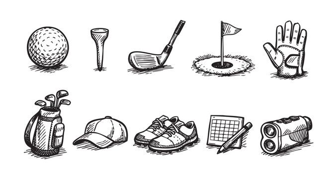 A hand drawn illustration shows golf equipment like a ball, tees, club, bag, shoes, glove, a range finder, calendar, and golf hole in a sketch style.