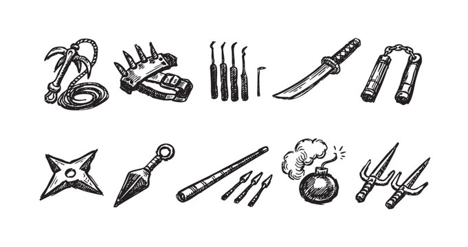 Vector illustration of various ninja weapons, including nunchucks, shuriken, katana, and other tools, drawn in a sketch style against a clean white background.