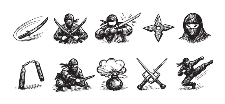 Hand-drawn vector set featuring ninja characters in various poses and traditional weapons like swords, shurikens, and nunchucks, rendered in black and white sketch style.