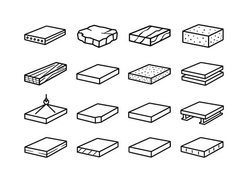 Slab Icon Collection. Slab. Line icon set of Slab: concrete slab, stone slab, marble slab, granite block, wooden plank, large rectangular slab, textured