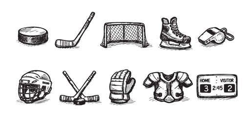 Hand-drawn hockey icons are arranged on white, including puck, stick, net, skate, helmet, jersey, scoreboard. Perfect for sports, kids, or graphic design.