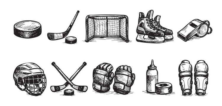 A sketchy hockey puck, stick, net, skates, and other equipment are displayed on a white backdrop. Useful for vector graphics.