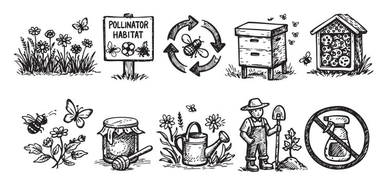 Hand-drawn icons illustrate creating pollinator habitats, beekeeping, and avoiding pesticides, ideal for educational or conservation-themed designs and illustrating environmental articles.