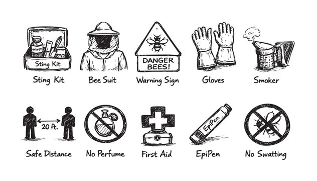 Black and white sketch illustration depicting beekeeper equipment and safety measures against bee stings including bee suit, gloves, smoker, first aid, and warning signs.