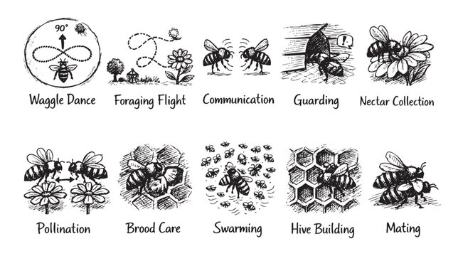 This vector illustration depicts different stages of the bee lifecycle, like waggle dance, foraging, communication, guarding, pollination, swarming, mating, brood care, and hive building.