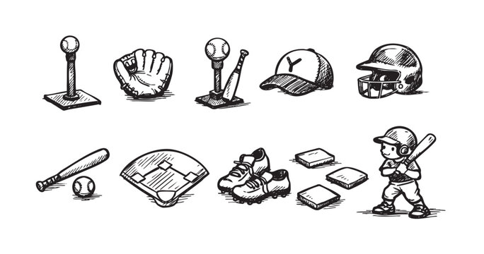 Illustration featuring baseball equipment and a player sketch on a white background, perfect for sport-related designs or educational materials.