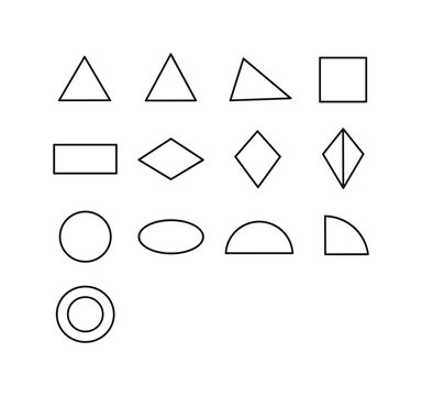Black Line Geometry Icons. Flat Geometry. Line icon set of Flat Geometry: equilateral triangle, isosceles triangle, scalene triangle, square, rectangle,