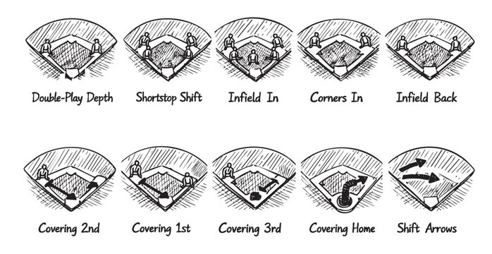 Hand-drawn style illustration of baseball infield defensive shifts, diagrams show player positioning and movement in various situations. Useful for coaching or explaining strategy.