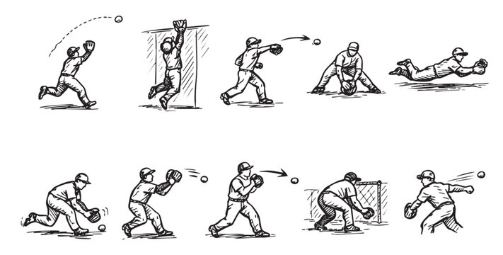 Hand-drawn sketches showing a baseball player in various fielding and catching positions, showcasing the action of throwing, diving, and catching. Isolated on white background.