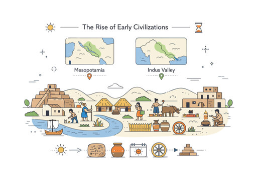 Ancient River Civilizations. The history of the world?s first civilizations (Mesopotamia, Indus Valley). Editorial scene of early river valley settlements with