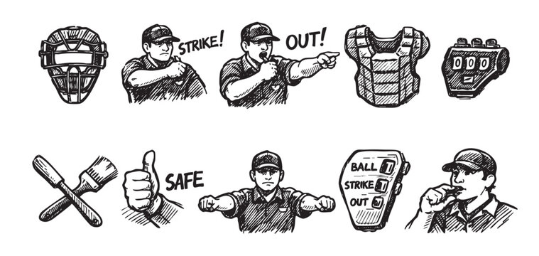 Black and white sketch illustrations of a baseball umpire, showcasing calls like strike, out, and safe, alongside equipment. Can be used for sports graphics.