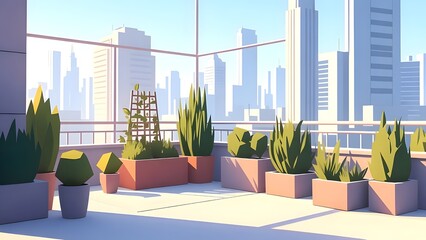 Fototapeta premium Rooftop garden with potted plants overlooking a modern city skyline