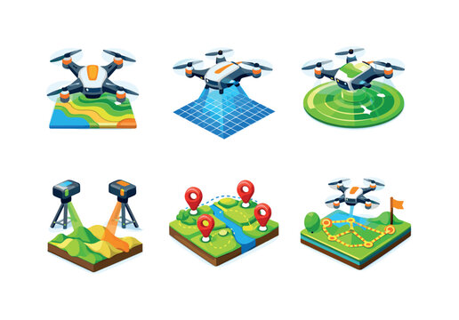 Survey Drone Icons. Survey Drone. Isometric flat vector icons set of Survey Drone: mapping drone overhead view, grid scanning drone, drone with radar overlay,