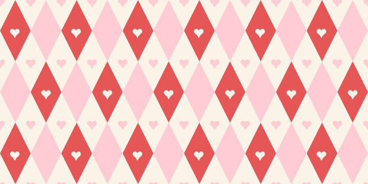 Coquette rhombus seamless pattern. Girly plaid texture in red and pink colors. Argyle cute diamond pattern with hearts. Holiday circus print for Valentines' day, wedding, birthday, wrap.
