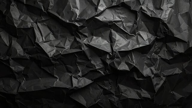 Close-up of heavily crumpled black paper, with sharp angles and varying textures