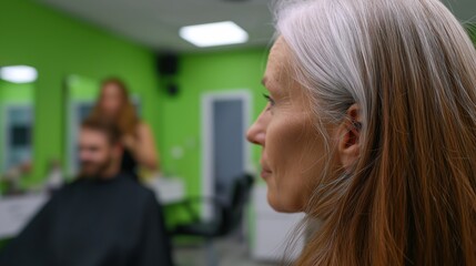 Mature caucasian woman with gray hair at salon visit in green interior