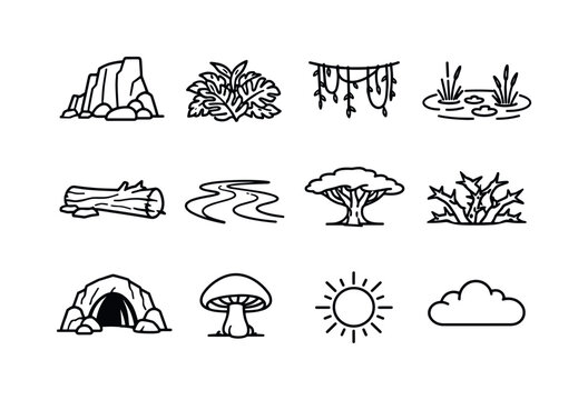 Jungle Line Icons. Untamed jungle terrain. Line icon set of Untamed jungle terrain: rocky cliff, dense foliage, hanging vines, swamp area, fallen log, river