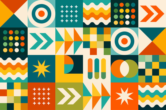 Patr&oacute;n geom&eacute;trico abstracto vectorial con m&oacute;dulos coloridos y formas repetitivas