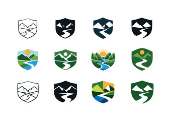 Obraz premium Lush Valley Icons. Lush Valley. Icon set. Set Logo of Lush Valley: valley crest emblem. harmonious logo variations of the same emblematic concept, each with