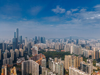 Fototapeta premium Aerial view of Guangzhou, urban skyline and expansive cityscape Guangdong China