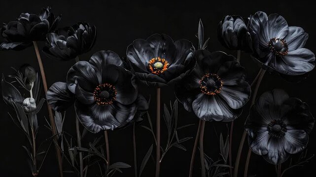A striking studio shot of black flowers with details, set against a dark backdrop
