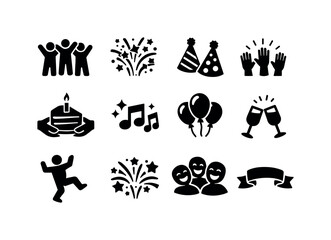 Black Celebration Icons. Celebration Togetherness. Solid icon set of Celebration Togetherness: group celebration, confetti burst, party hats, raised hands